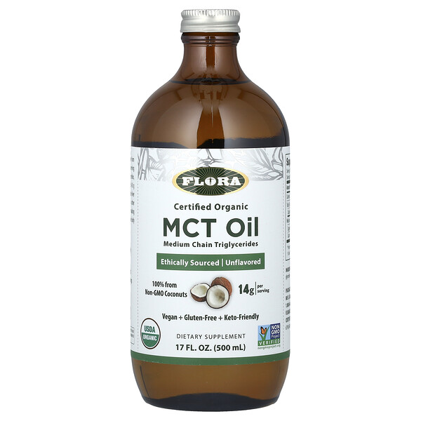 Сертифицированное органическое масло MCT, без ароматизаторов, 14 г, 17 жидких унций (500 мл) Flora
