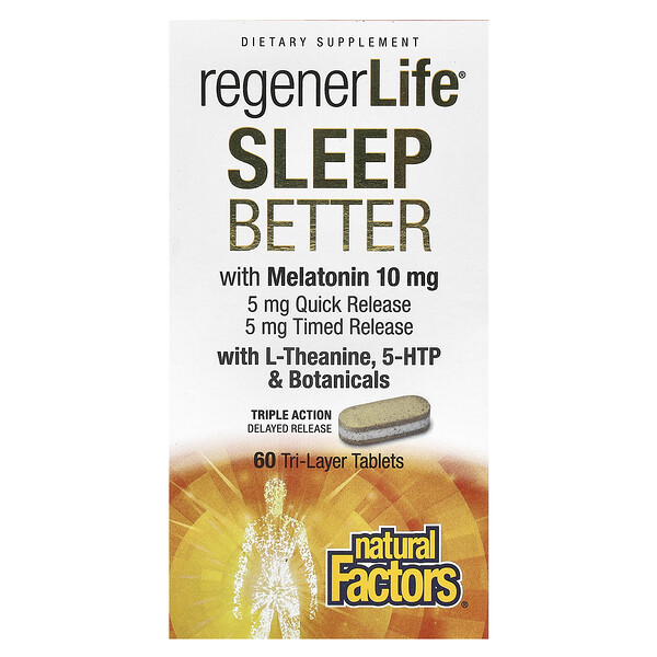 RegenerLife, Улучшение сна с мелатонином, L-теанином и растительными компонентами, 60 трехслойных таблеток Natural Factors