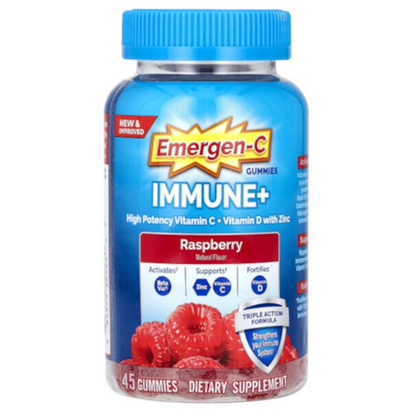 Immune+ Витамин C + Витамин D с цинковыми жевательными конфетами, малина, 45 жевательных конфет Emergen-C