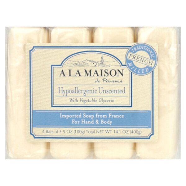 Мыло для рук и тела, гипоаллергенное, без запаха, 4 куска по 3,5 унции (100 г) каждый A La Maison