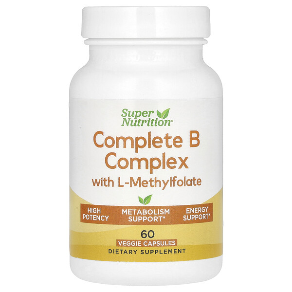 Полный комплекс B с L-метилфолатом, 60 растительных капсул Super Nutrition