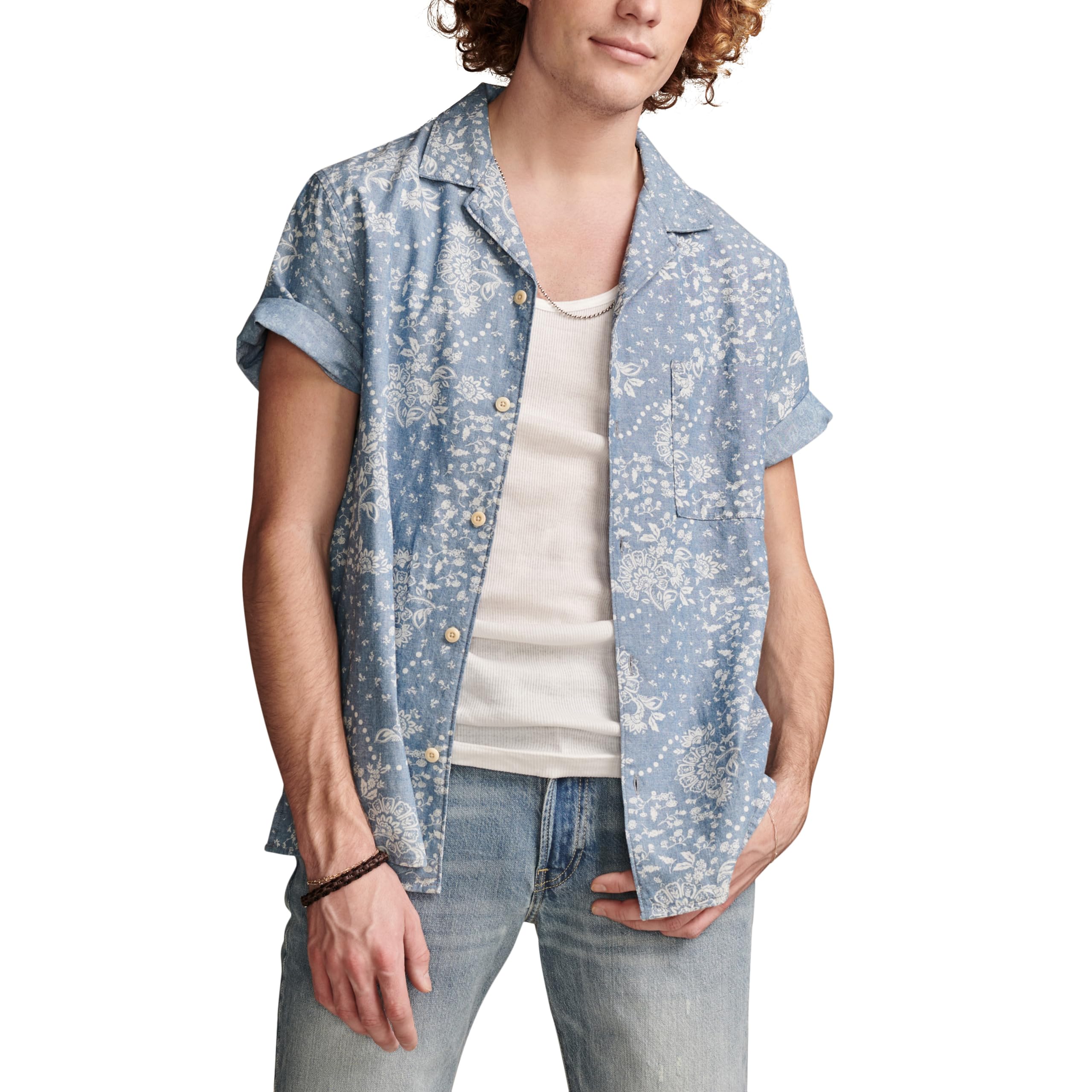 Рубашка с коротким рукавом и воротником шамбре с принтом Lucky Brand