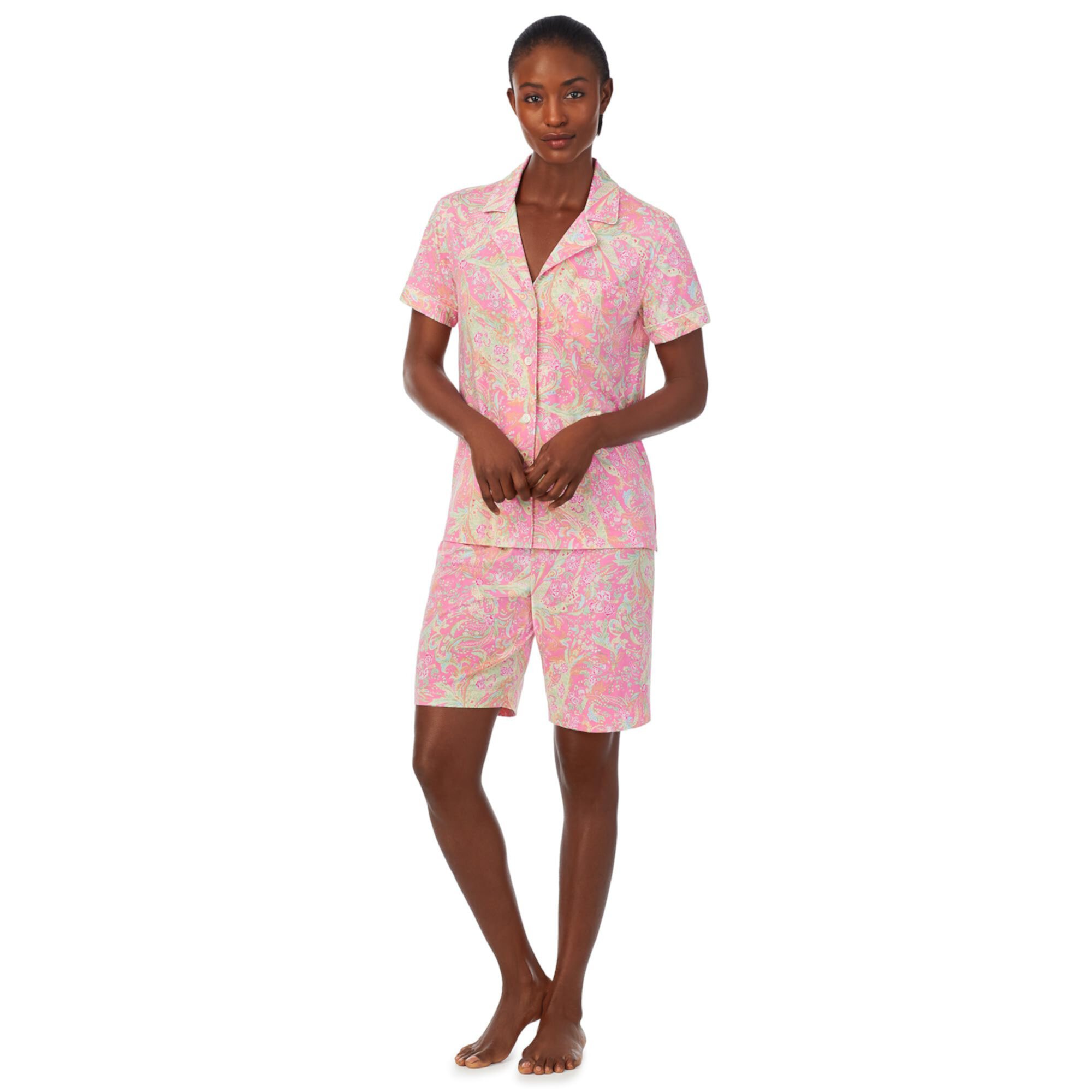 Пижамный комплект-бермуды с короткими рукавами и воротником-стойкой LAUREN Ralph Lauren