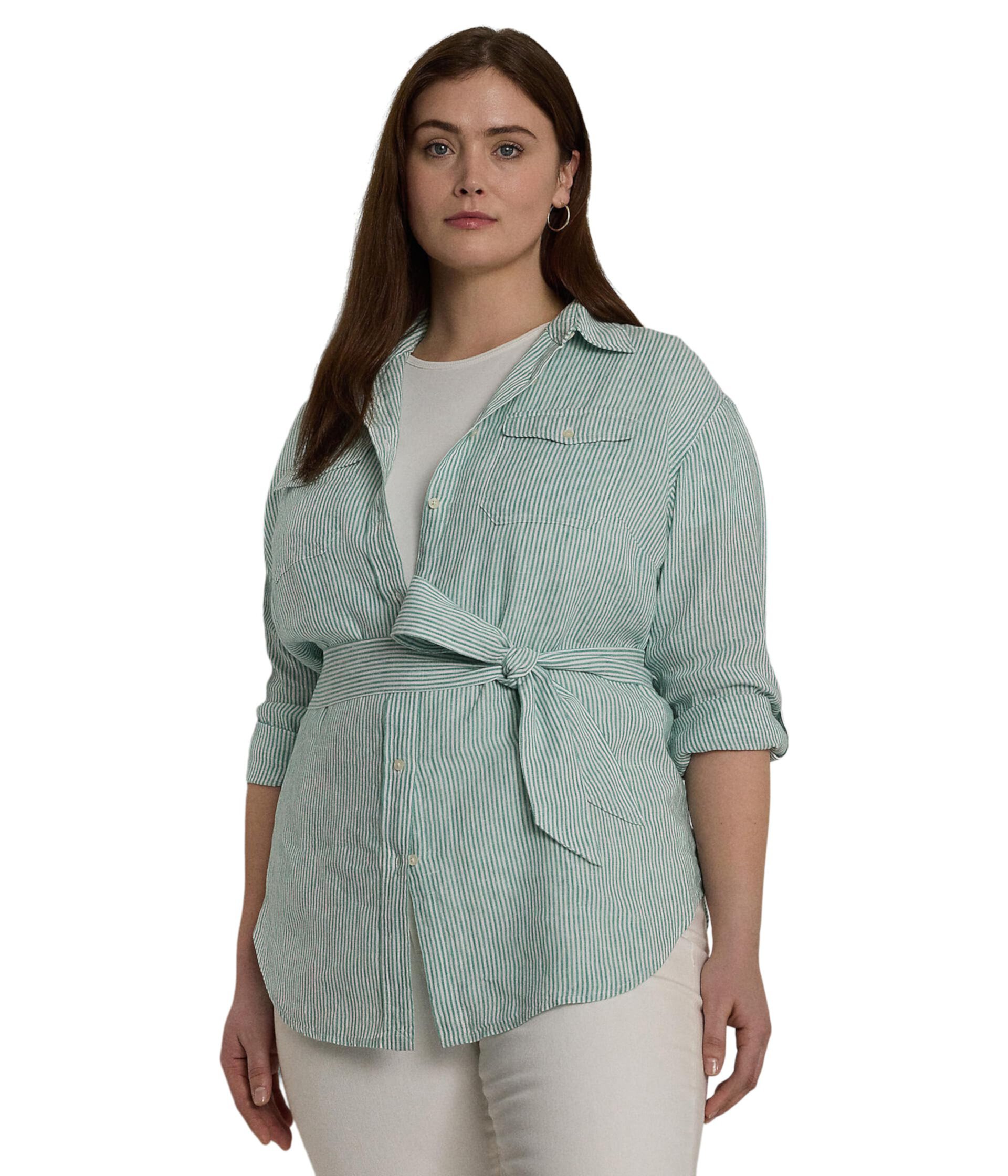 Льняная рубашка свободного кроя в полоску с поясом больших размеров LAUREN Ralph Lauren