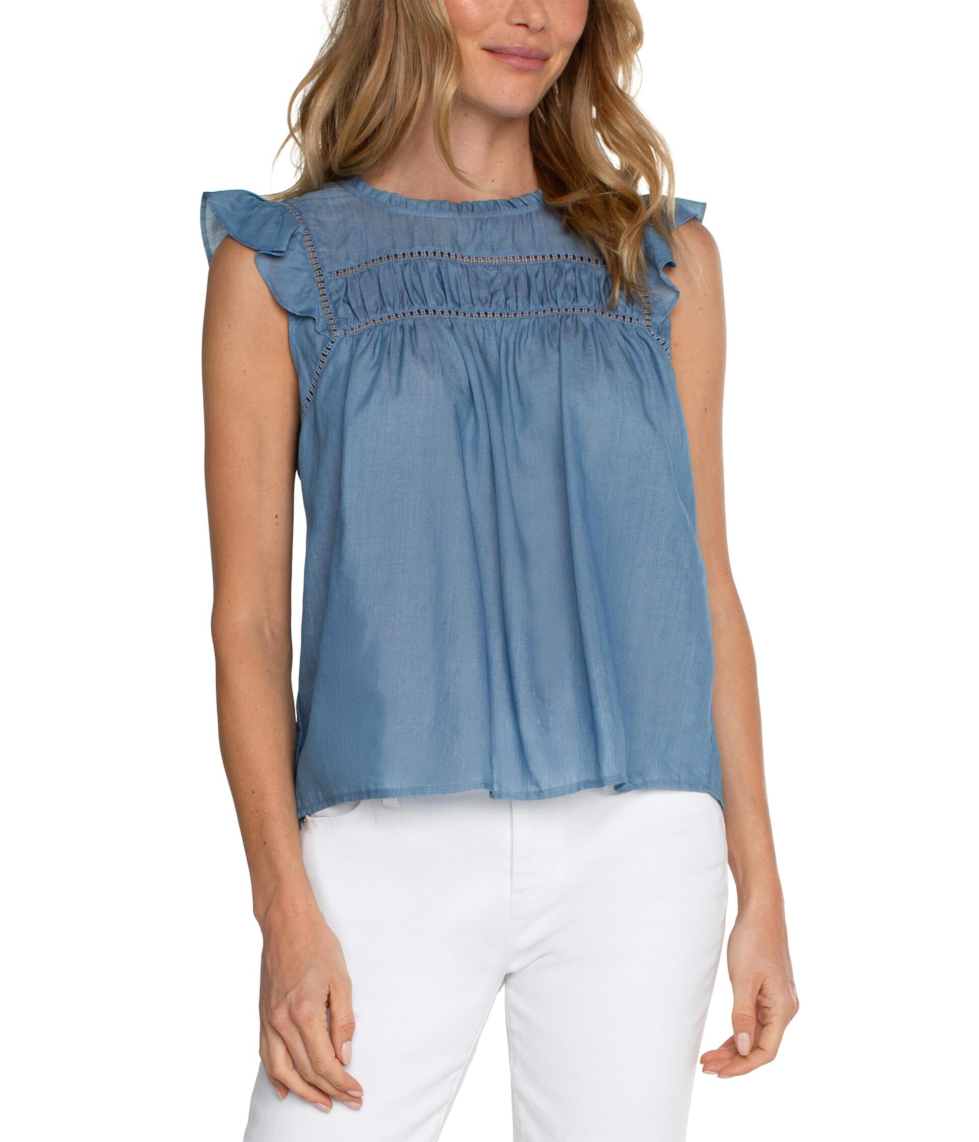 Женская Блузка Liverpool Los Angeles Flutter Sleeve Top with Trim Detail Lightweight Chambray Liverpool Los Angeles