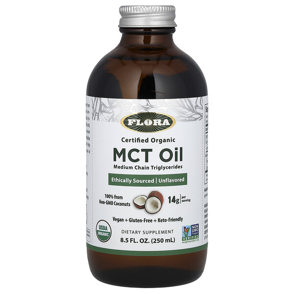 Сертифицированное органическое масло MCT, 8,5 жидких унций (250 мл) Flora