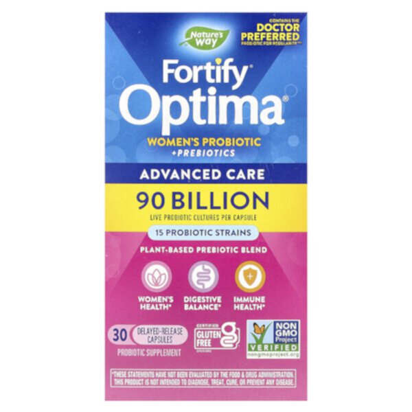 Fortify Optima, Женский пробиотик + пребиотики, расширенный уход, 90 миллиардов, 30 капсул с отсроченным высвобождением Nature's Way