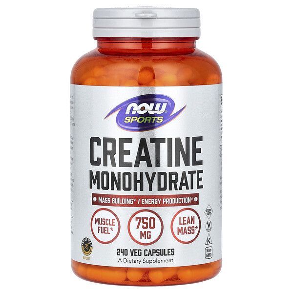 Sports, Креатин моногидрат, 750 мг, 240 растительных капсул (40 мг на капсулу) NOW Foods