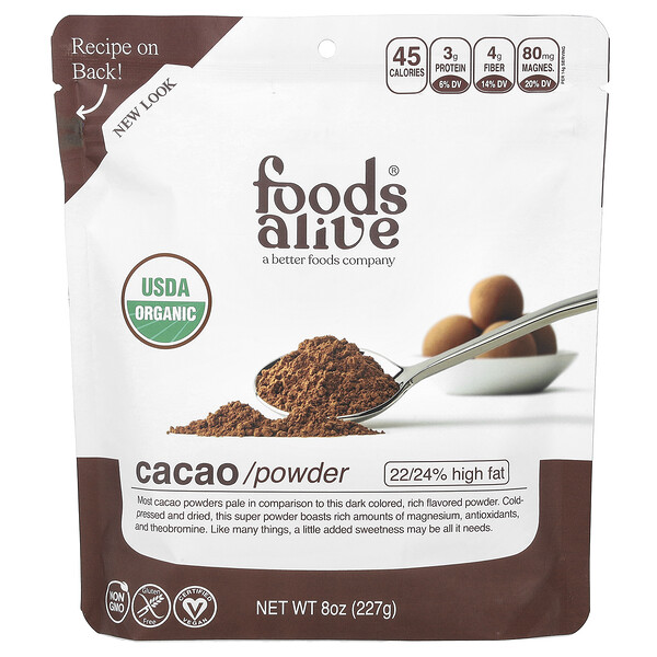 Какао-порошок, 8 унций (227 г) Foods Alive