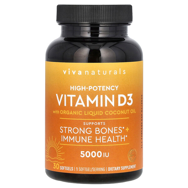 Высокоэффективный витамин D3, с органическим жидким кокосовым маслом, 5000 МЕ, 30 мягких таблеток Viva Naturals