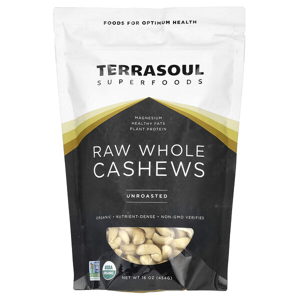 Raw Whole Cashews, Unroasted, 16 oz (Унции) (454 g) Terrasoul Superfoods