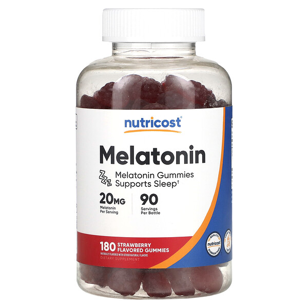 Мелатониновые жевательные конфеты, клубника, 20 мг, 180 жевательных конфет (10 мг на жевательную конфету) Nutricost