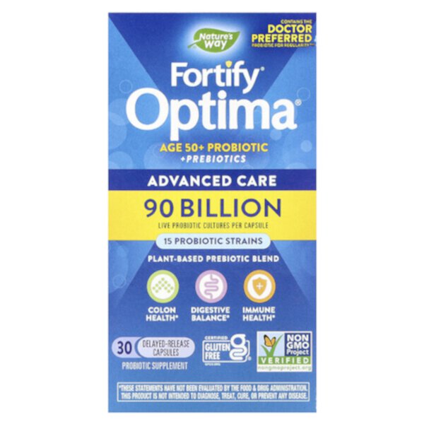 Fortify Optima, Пробиотик + пребиотики для людей старше 50 лет, расширенный уход, 90 миллиардов КОЕ, 30 капсул с отсроченным высвобождением Nature's Way