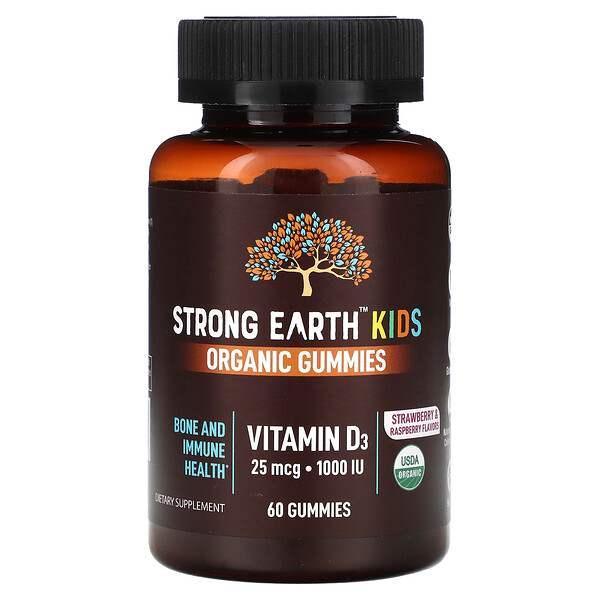 Органические жевательные конфеты Strong Earth Kids, витамин D3, клубника и малина, 25 мкг (1000 МЕ), 60 жевательных таблеток Yum V's