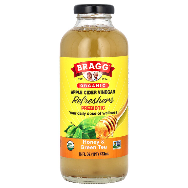 Органический освежитель из яблочного уксуса, пребиотик, мед и зеленый чай, 16 жидких унций (473 мл) Bragg