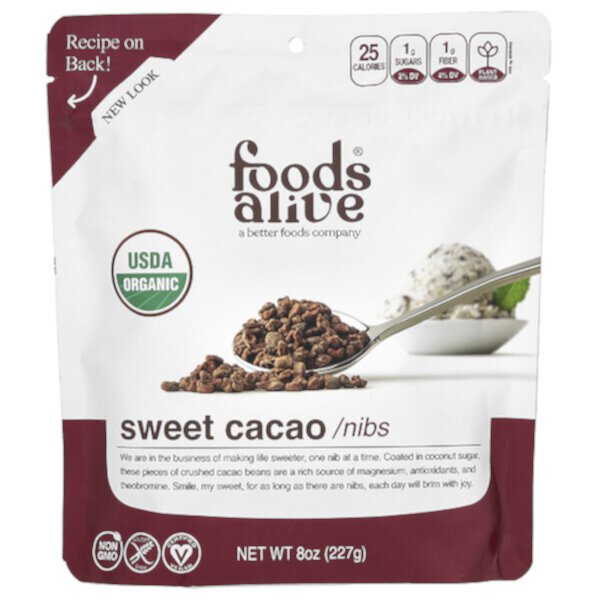 Сладкие какао-бобы, 8 унций (227 г) Foods Alive