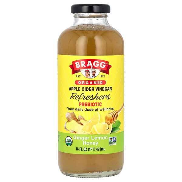 Органический освежитель из яблочного уксуса, пребиотик, имбирно-лимонный мед, 16 жидких унций (473 мл) Bragg
