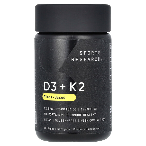 D3 + K2, растительного происхождения, 60 растительных мягких таблеток Sports Research