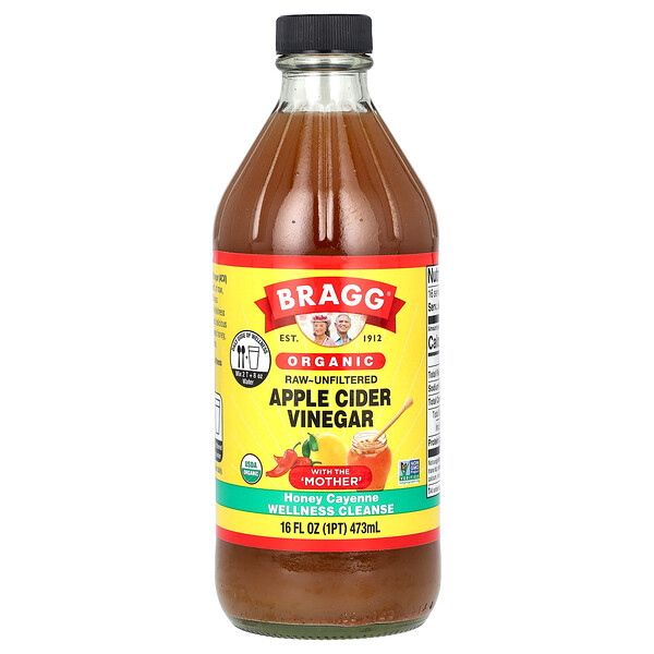 Органический яблочный уксус с «Матерью», кайенский мед, 16 жидких унций (473 мл) Bragg