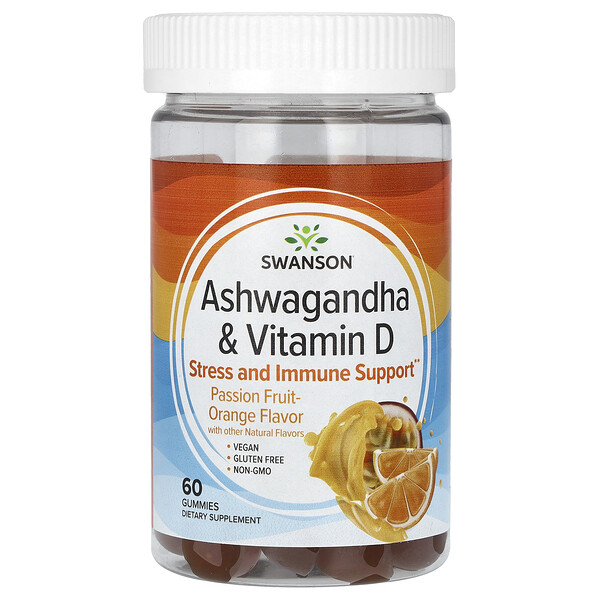 Ашваганда и витамин D, маракуйя и апельсин, 60 жевательных конфет Swanson