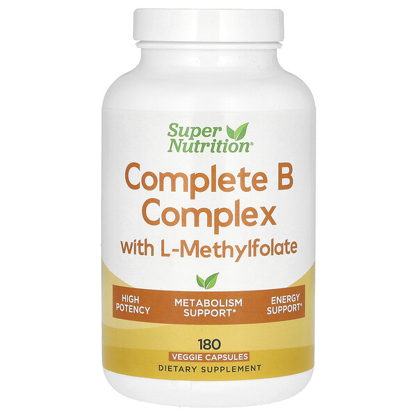Полный комплекс B с L-метилфолатом, 180 растительных капсул Super Nutrition