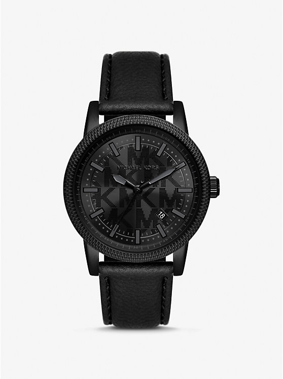 Oversized Hutton Black-Toneand Leather Watch Michael Kors