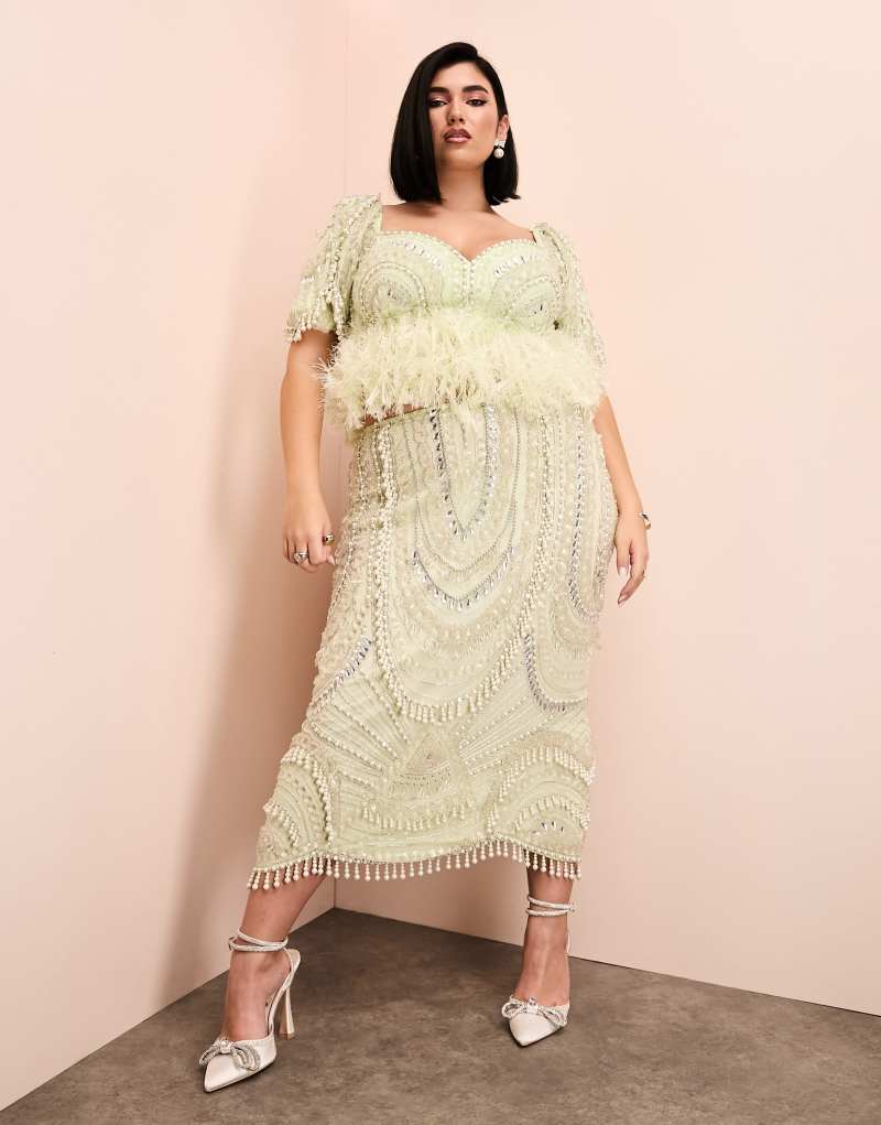 Женская Юбка ASOS Luxe Midi с жемчужными украшениями в зелёном цвете - часть комплекта ASOS Luxe