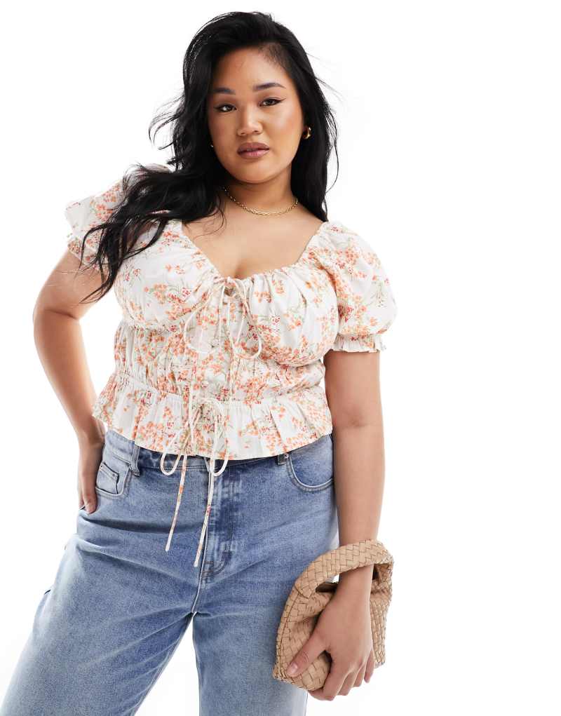 Топ с пышными рукавами в мелкий цветочный принт ASOS Curve, 100% хлопок ASOS Curve