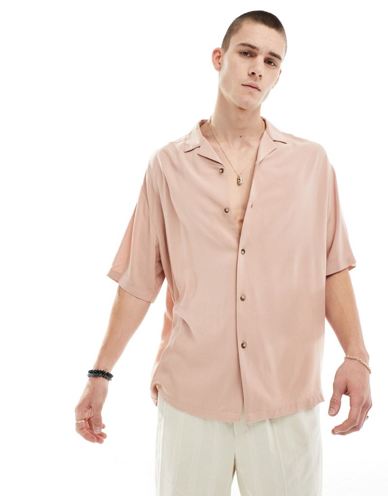 Пыльно-розовая рубашка оверсайз из вискозы с воротником-стойкой ASOS DESIGN в стиле 90-х годов ASOS DESIGN