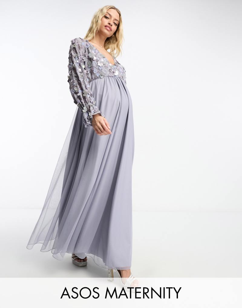 Женское Платье ASOS Maternity с вышивкой и завязками из фатина с цветочным узором в лавандовом цвете ASOS Maternity