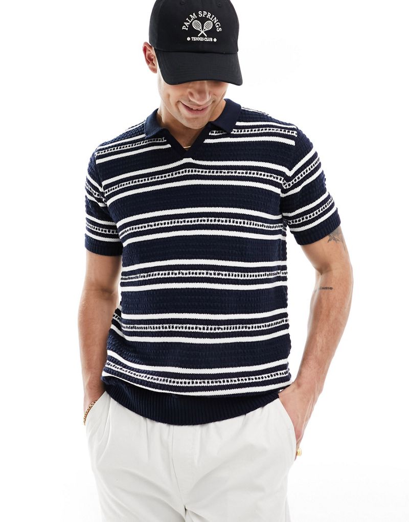 Мужская Поло рубашка Brave Soul heavyweight textured knit trophy neck navy stripe Brave Soul