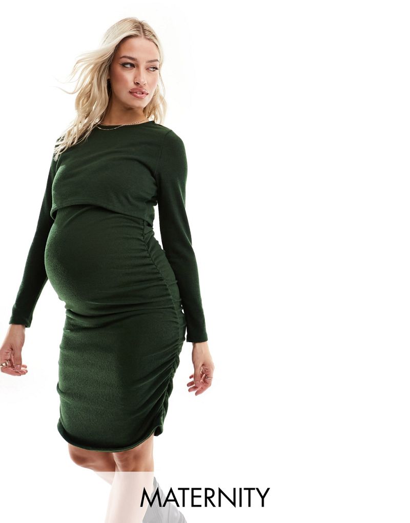 Темно-зеленое платье миди со сборками по бокам для кормящих мам Mamalicious Maternity 2 MAMALICIOUS