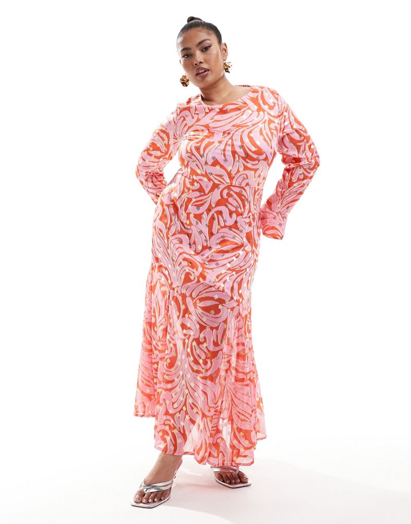 Розово-оранжевое платье миди с эффектом металлик Never Fully Dressed Plus NEVER FULLY DRESSED