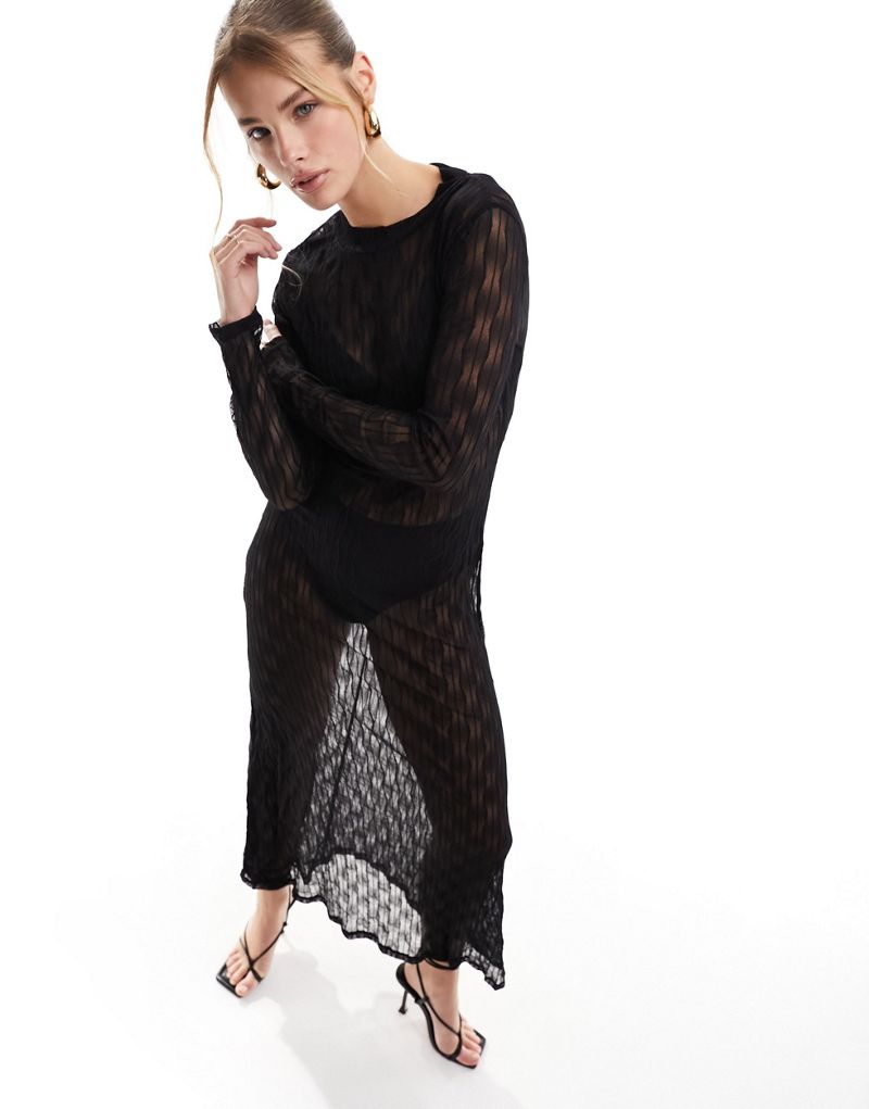 Черное прозрачное платье макси с длинными рукавами и фактурной текстурой Object
