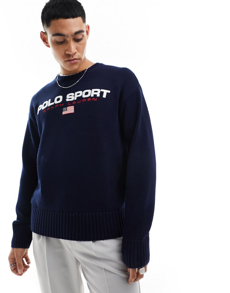 Темно-синий хлопковый вязаный свитер большого размера с логотипом Polo Ralph Lauren Sport Capsule Polo Ralph Lauren