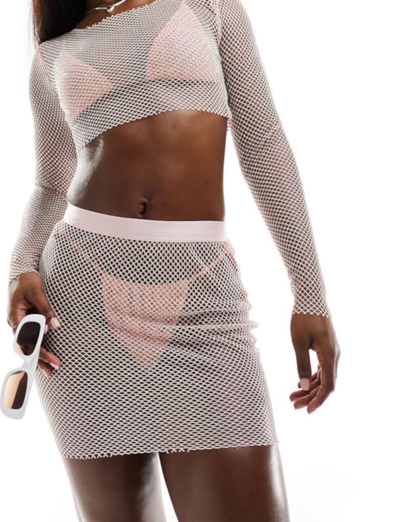 Нежно-розовая мини-юбка из сетки Simmi со стразами — часть комплекта Simmi Clothing