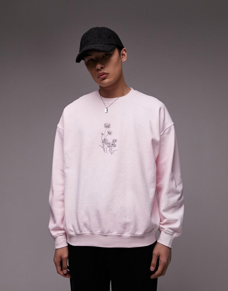 Мужская Толстовка Topman Oversized с Вышивкой Ромашек в Выцветшем Розовом TOPMAN