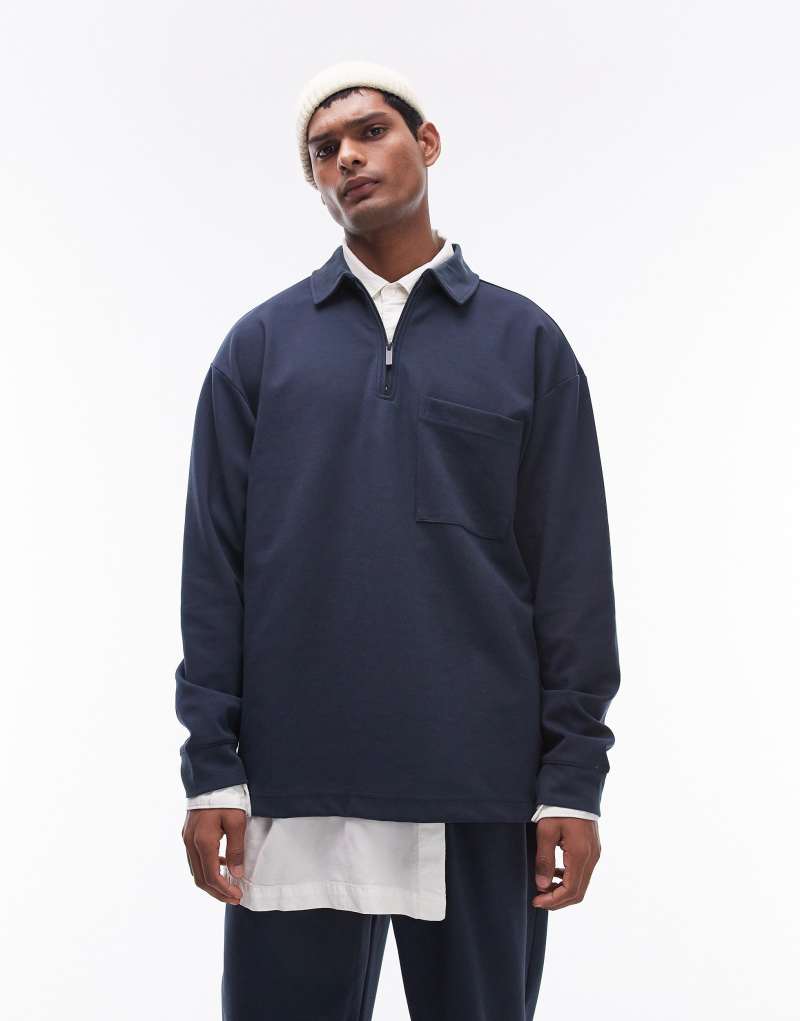 Мужская Толстовка Topman Oversized Fit Поло с 1/4 Молнией в Темно-Синем TOPMAN