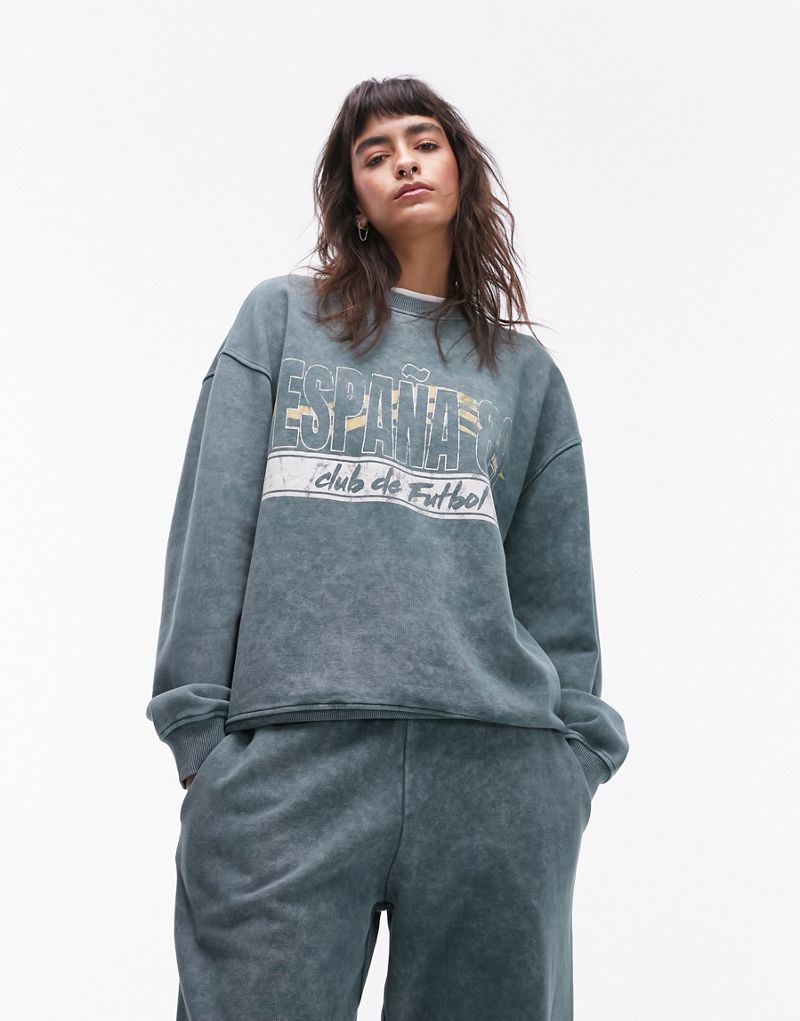 Женская Толстовка Topshop Graphic Espana 89 Oversized Vintage Wash в Темно-зеленом TOPSHOP