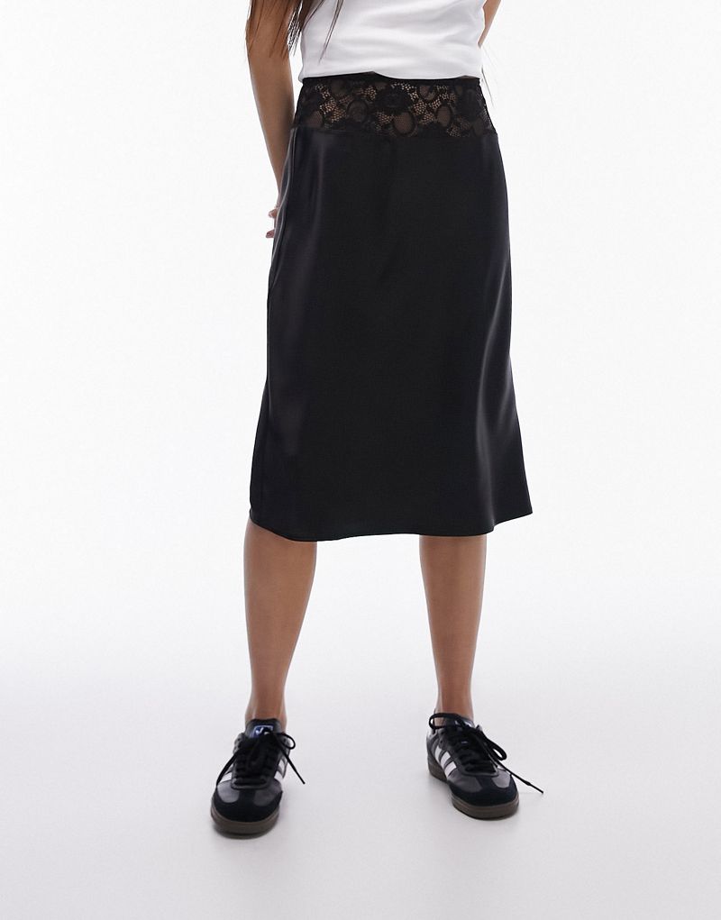 Черная атласная юбка длины 90-х с кружевной вставкой на поясе Topshop TOPSHOP