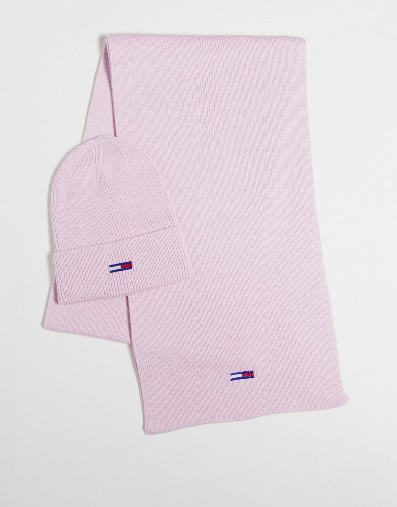 Tommy Jeans flag logo beanie and scarf set in pink Tommy Jeans