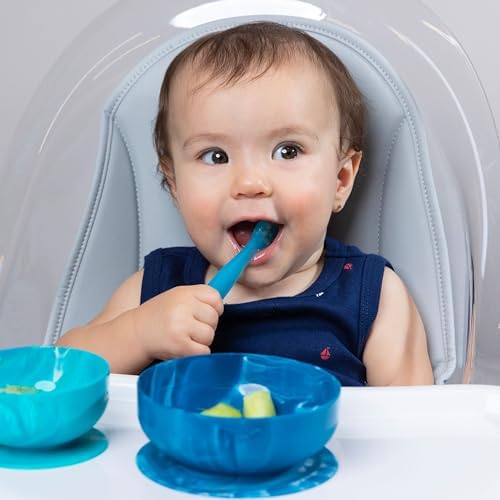 ChooMee FlexiDip Silicone Baby Learning Utensil | 4 Months + Baby Led Weaning | Flat Head Spoon with Firm Handle | Designed in USA, BPA Free, Premium Grade Platinum Silicone | 2 CT Blue Gray ChooMee