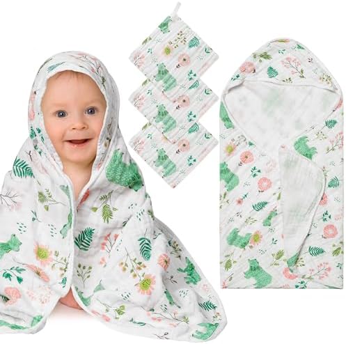 4Pcs Muslin Baby Hooded Towel & Washcloth Set Green Bear Cotton Absorbent Bath Towels Blanket with Hood Newborn Toddlers Infant Boys Girls Shower Gift for Baby Cleanups and Bathing 2ooya