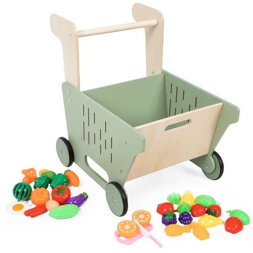Wooden Baby Push Walker Learning Walker, Grocery Shopping Cart for Kids with Kitchen Vegetable Fruit Toys Set 22PCS, Vibrant Colors Sit to Stand Walker for Kids 12M+(Green) DAILYLIFE