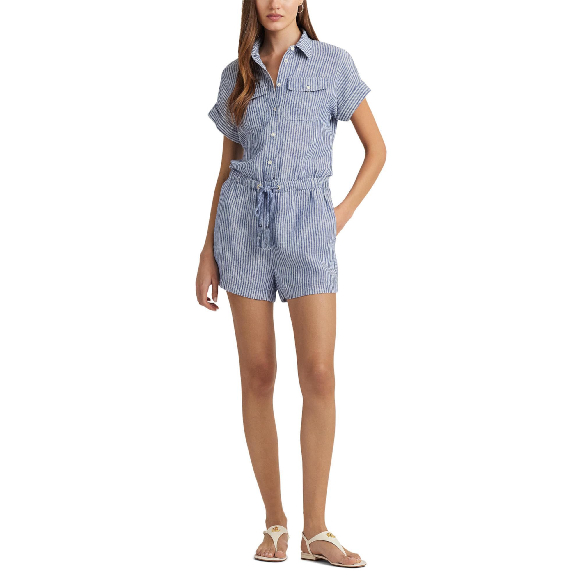 Pinstripe Linen Shorts-Sleeve Romper LAUREN Ralph Lauren