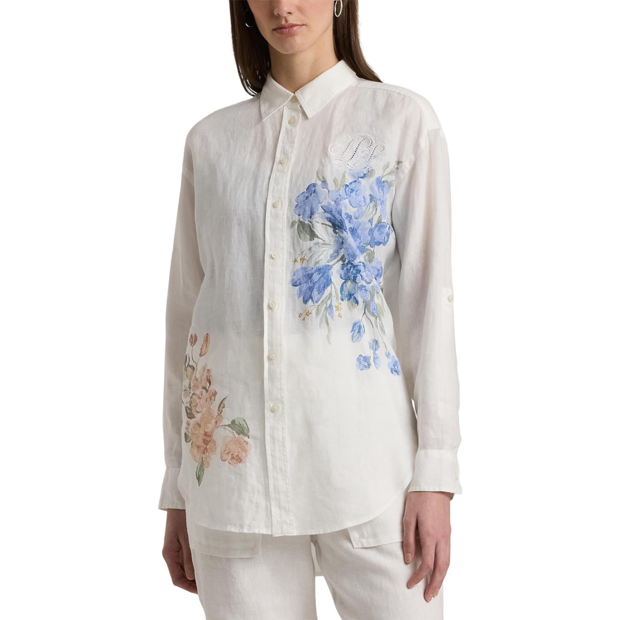 Oversize Floral Eyelet-Logo Linen Shirt LAUREN Ralph Lauren