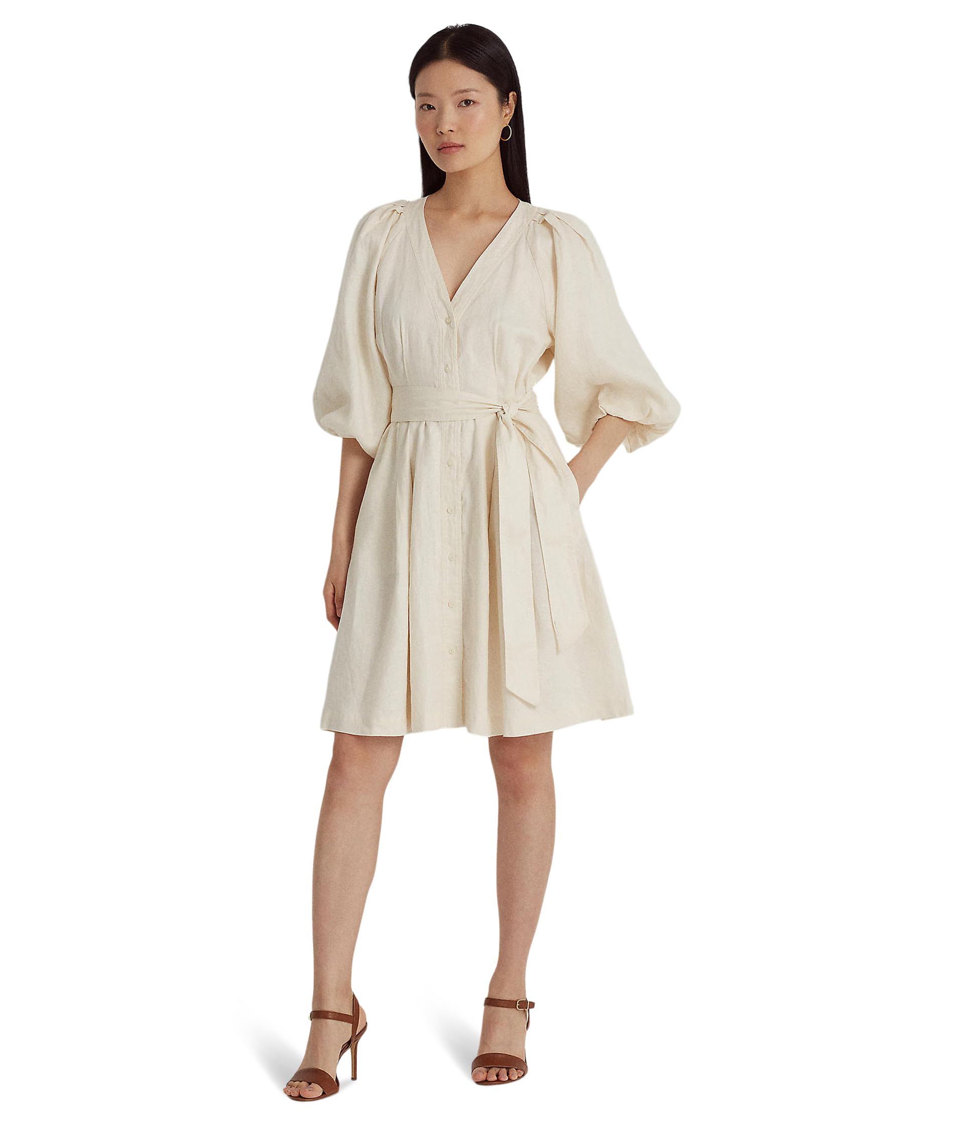 Belted Linen Bubble-Sleeve Dress LAUREN Ralph Lauren