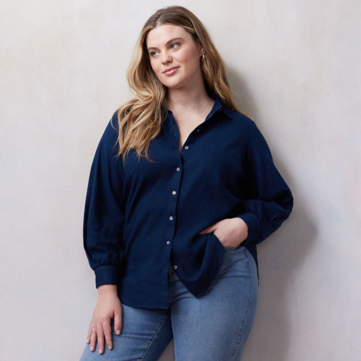Plus Size LC Lauren Conrad Oversized Volume Sleeve Linen Blend Button Down Shirt LC Lauren Conrad