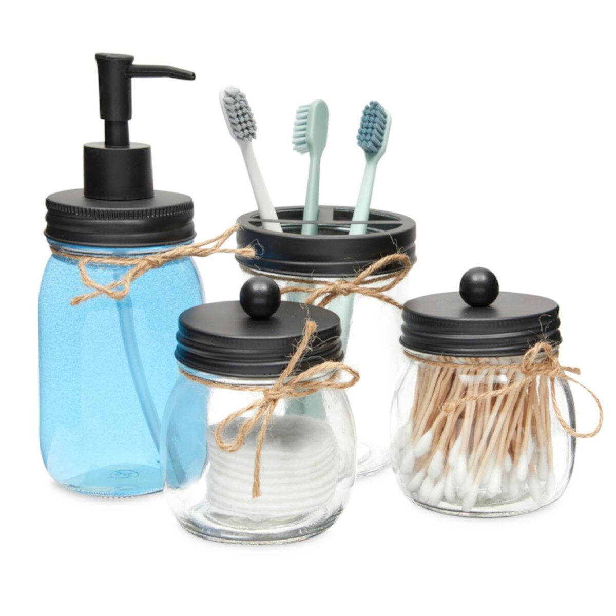 Mason Jar Bathroom Accessories Set with Soap Dispenser, Toothbrush Holder (4 Pieces) Okuna Outpost