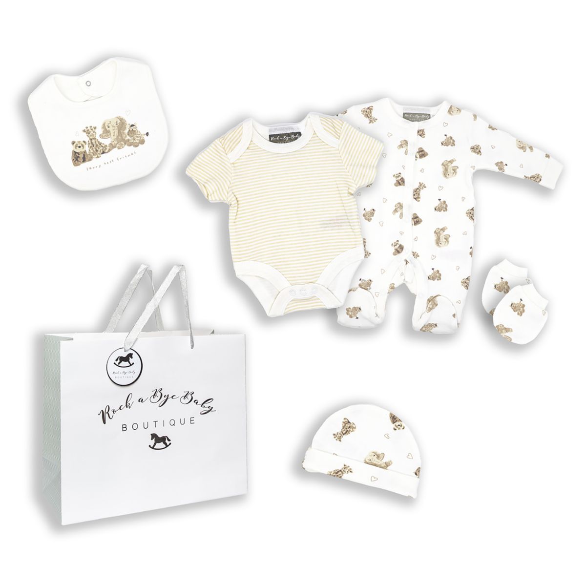 Baby Boys and Girls Furry Besties 5 Pc Layette Gift Set in Mesh Bag Rock A Bye Baby Boutique